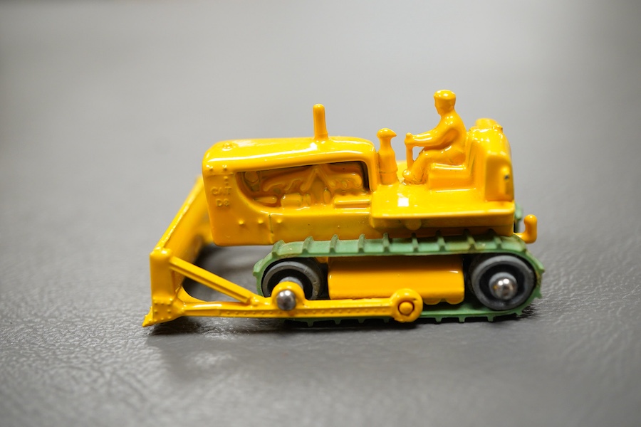 Ten boxed Matchbox Series 1-75 regular wheels vehicles; 1; Aveling Barford Road Roller, 3; Cement Mixer, 4; Massey Harris Tractor, 6; Quarry Truck (flaps on one end reattached with tape repair), 7; Horse drawn milk float